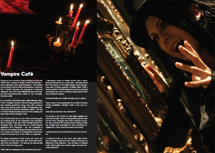 Vampire Cafe in Ginza, Goth theme restaurant where people dress up as vampires, serve crucifix cake and bloody decorated theme food. Crazy, Wacky Theme Restaurants Tokyo book by La Carmina. Japanese odd wild theme restaurants, maid cafes, such as Alice in Wonderland, Vampire, Ninja, Alcatraz, Lock-up. Interiors of Japan bizarre theme eateries, food photographs. Mark Batty Publisher art and pop culture book