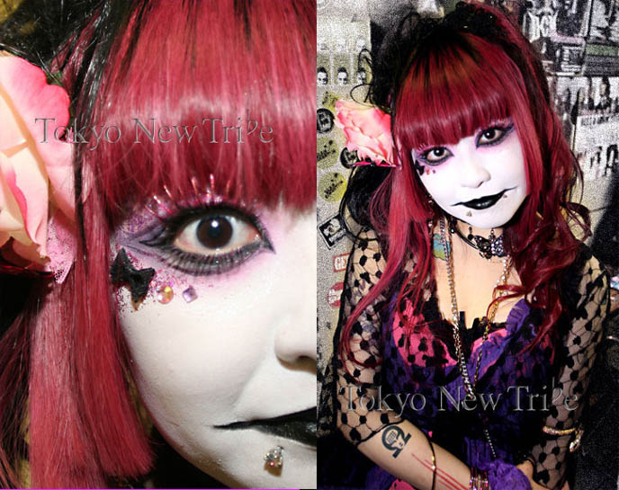 Visual Kei makeup tutorial, how to do Visual Kei and Gothic Lolita eyeshadow, stickers on face, lipstick techniques. Theatrical nightclub makeup, experimental avantgarde creative inspiration photos, Tokyo Visual Gothic style tribe, Japanese goth club fashion, street fashion snaps in Tokyo, fairy girl fantasy cosplay outfit