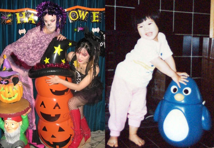 Old photos of La Carmina, young childhood pictures of Carmen Yuen, funny retro 1980s childhood portraits, posing with cute kawaii penguin toy, before and after.
