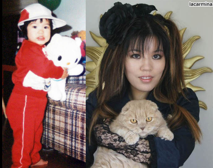 Vintage Hello Kitty stuffed toy from 1980s, baby photos of La Carmina, young childhood pictures of Carmen Yuen, old silly funny retro 1980s childhood portraits, posing with Scottish Fold cat and Chinese child holding plush Hello Kitty doll, before and after.