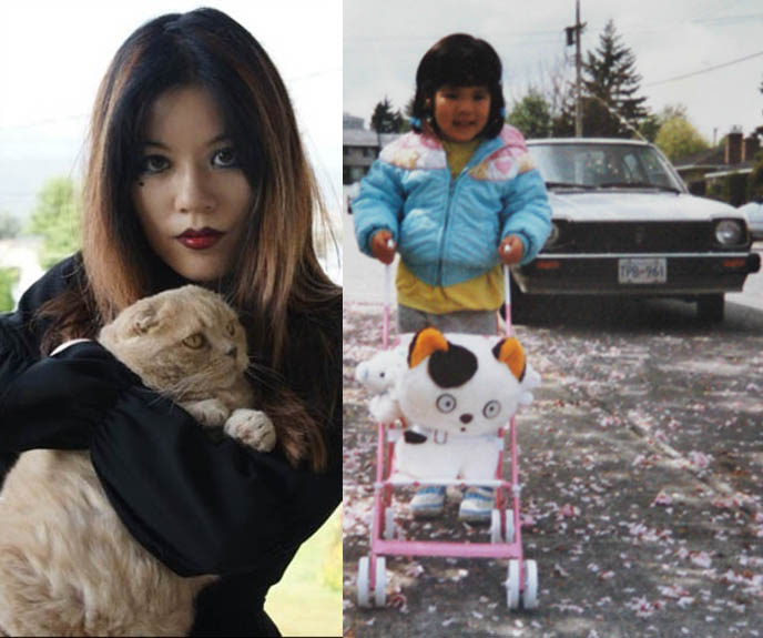 vintage Sanrio Hello Kitty stuffed toy from 1980s, kid pushing toys in pink stroller, fairy kei child clothes, baby photos of La Carmina, young childhood pictures of Carmen Yuen, old silly funny retro 1980s childhood portraits, posing with Scottish Fold cat and Chinese child, before and after