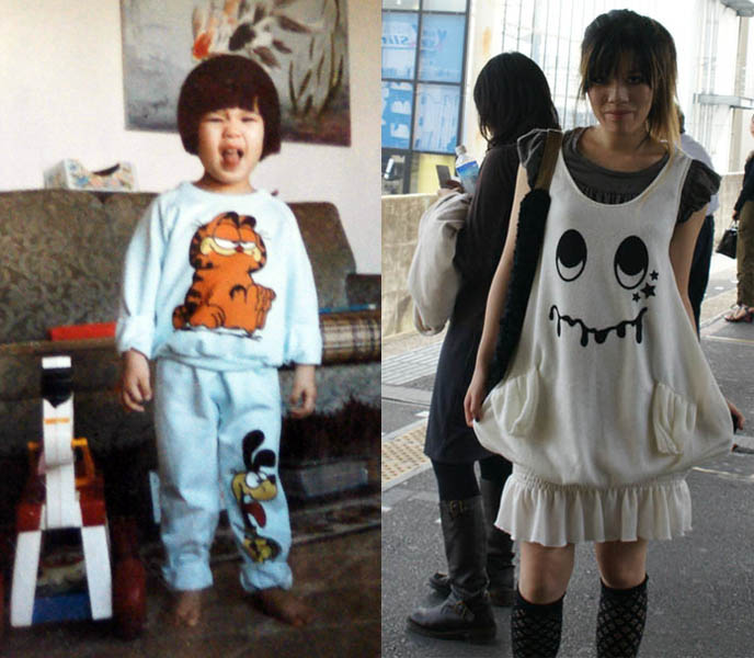 Garfield and Odie kid's jumpsuit, 80s kids embarrassing fashion, Banana Fish dress, Old photos of La Carmina, young childhood pictures of Carmen Yuen, silly retro 1980s childhood portraits, inside home or house of La Carmina, where does she live, before and after.