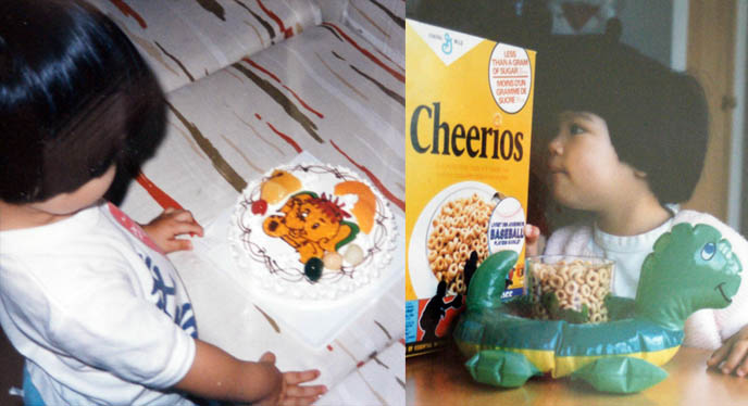 Elephant birthday cake, cute picture of hong kong cakes and pastries, Chinese Cheerios box with green turtle, old cute food baby photos of La Carmina, young childhood pictures of Carmen Yuen, funny retro 1980s childhood portraits, Carmina eating cereal, posing with cute kawaii toy, before and after.