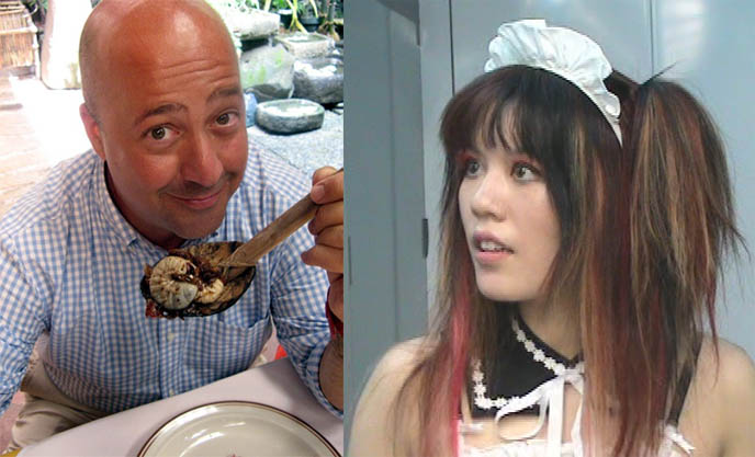 Andrew Zimmern Bizarre World show on Travel Channel, Bizarre Foods, Travel TV show Tokyo, subcultures, eating grossest weirdest food in the world, Anthony Bourdain, Japanese cute girl in maid outfit costume cosplay.