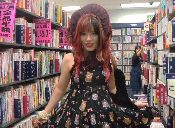 Bookoff Japanese bookstore, Rococo pink dyed curled hair, Gothic Lolita hairstyles, Japanese cool haircuts, Harajuku Fruits fashion photos, PRINCESS CURLS HAIRSTYLE, ALICE & THE PIRATES BONNET, INNOCENT WORLD DRESS AT BOOKOFF FILM SHOOT, hime kei