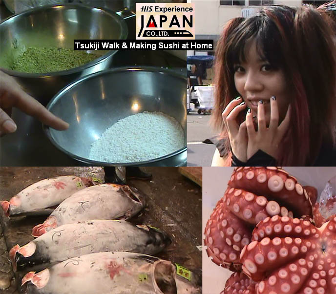 Tsukiji Fish Market in Tokyo Japan, giant tuna or maguro, big fish and octopus, fresh seafood. Green tea matcha powder, Japanese food recipe lesson and tour from HIS Experience.